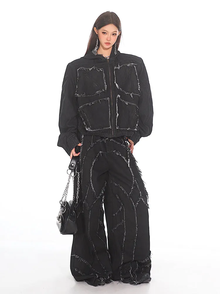 【24s Sep.】Destroyed Tassel Large Pocket Denim Hooded Jacket
