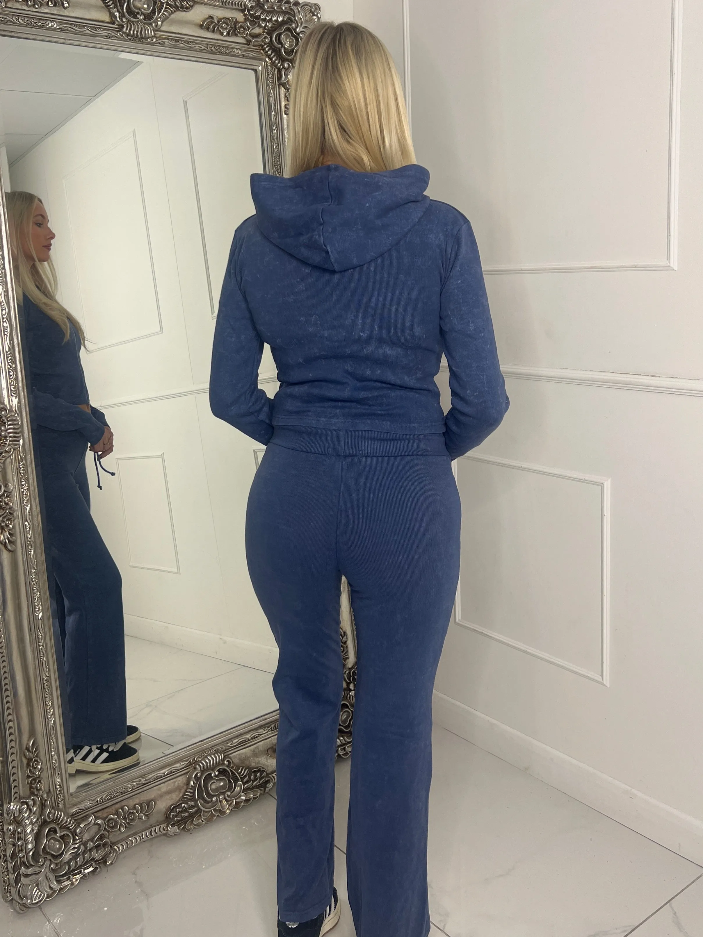 Acid wash ribbed zip front jacket  & Flares Set - Blue Acid Wash