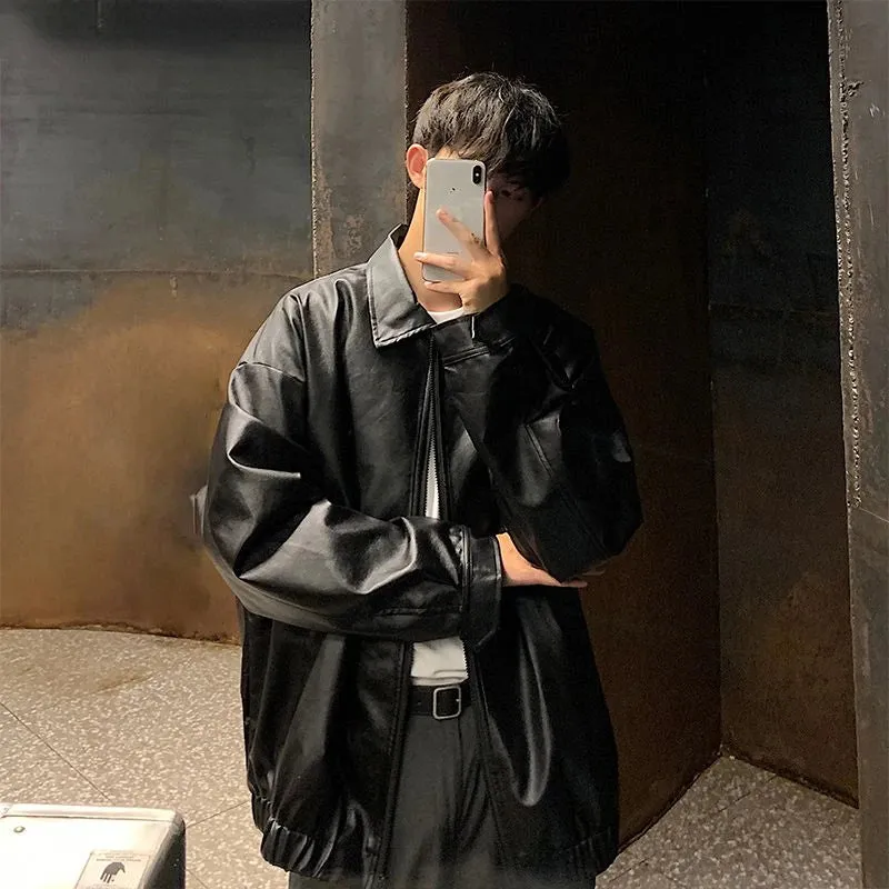 Aidase Pu Leather Jacket Men Brown Retro Motorcycle Jacket Autumn Korean Fashion Fried Street Loose Zipper Bomber Jacket Learher Coats