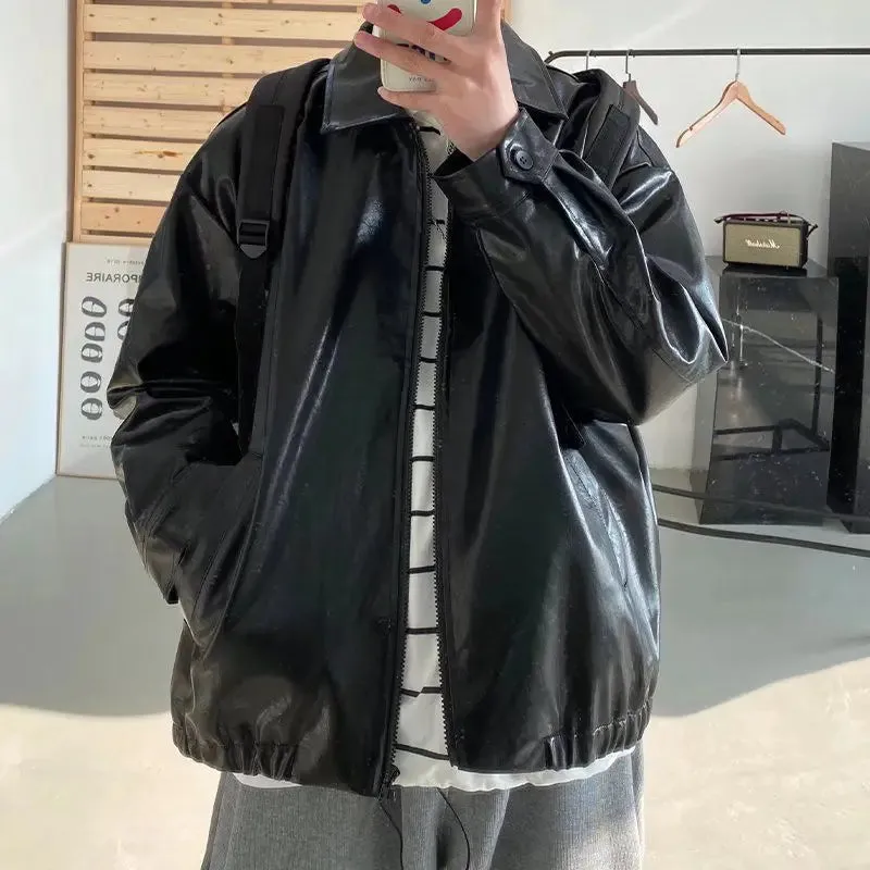 Aidase Pu Leather Jacket Men Brown Retro Motorcycle Jacket Autumn Korean Fashion Fried Street Loose Zipper Bomber Jacket Learher Coats