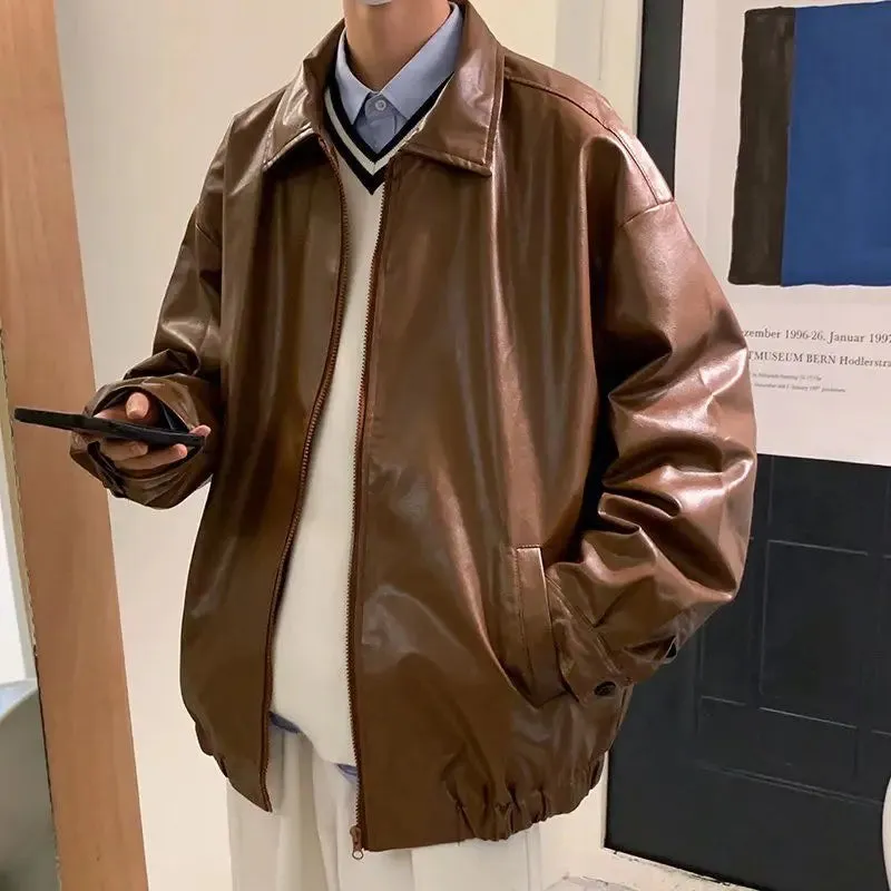 Aidase Pu Leather Jacket Men Brown Retro Motorcycle Jacket Autumn Korean Fashion Fried Street Loose Zipper Bomber Jacket Learher Coats