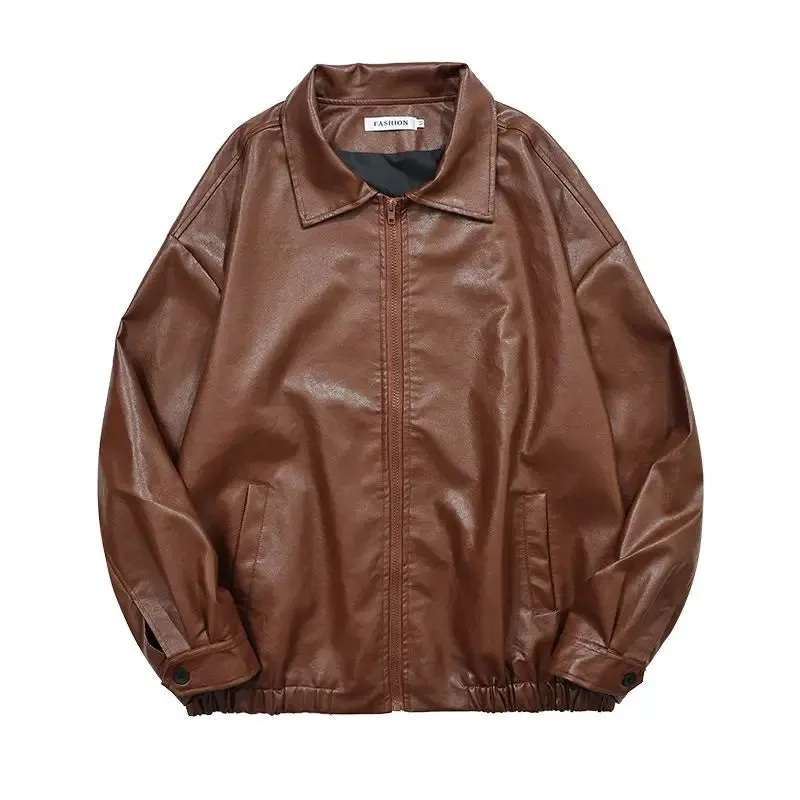 Aidase Pu Leather Jacket Men Brown Retro Motorcycle Jacket Autumn Korean Fashion Fried Street Loose Zipper Bomber Jacket Learher Coats