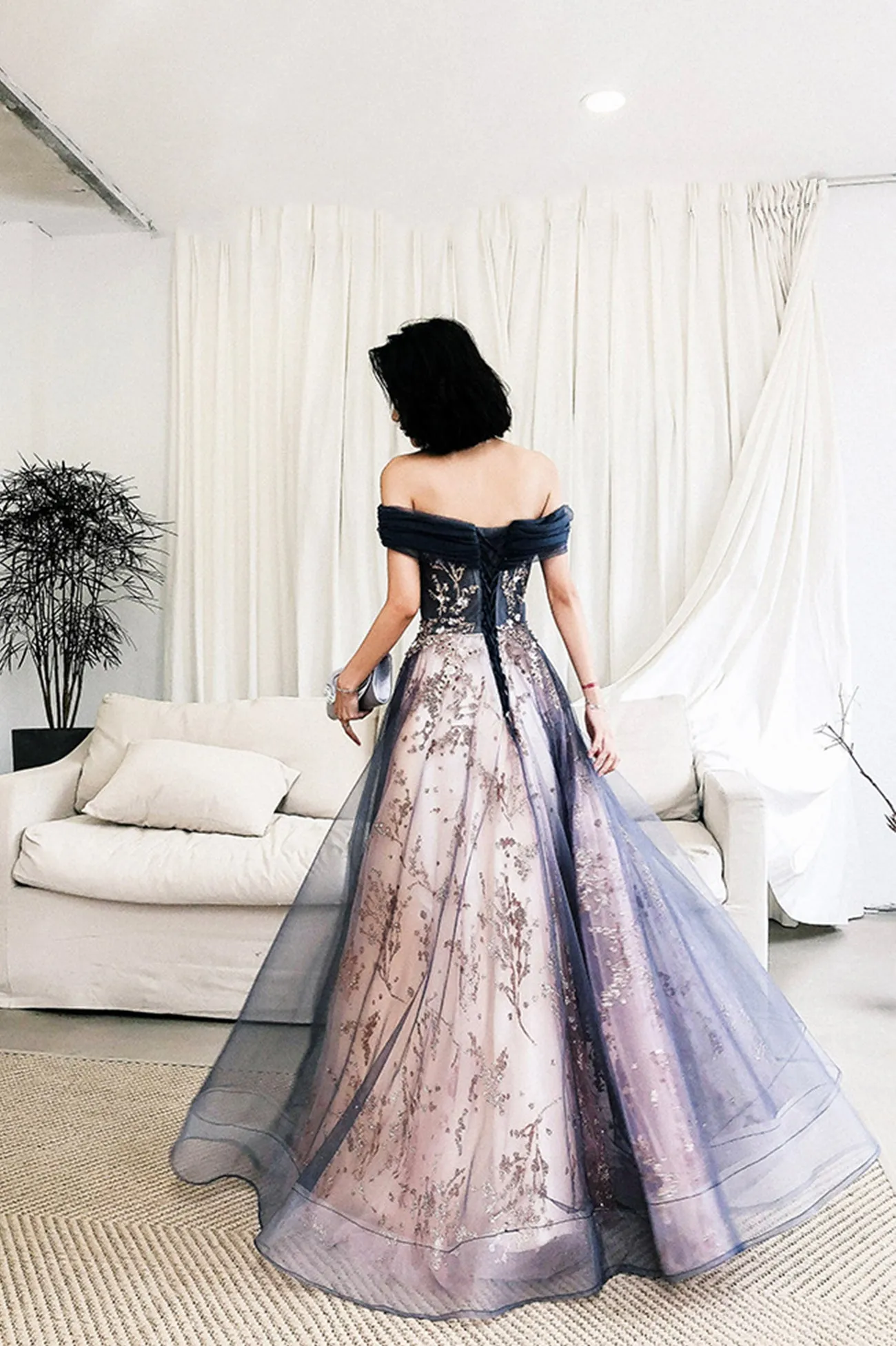 Blue Tulle Off the Shoulder Prom Dress with Sequins