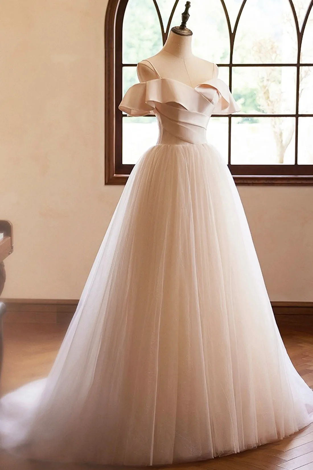 Champagne Spaghetti Straps Long Prom Dress, A-Line Backless Evening Party Dress