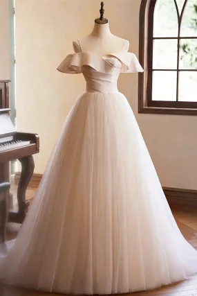 Champagne Spaghetti Straps Long Prom Dress, A-Line Backless Evening Party Dress