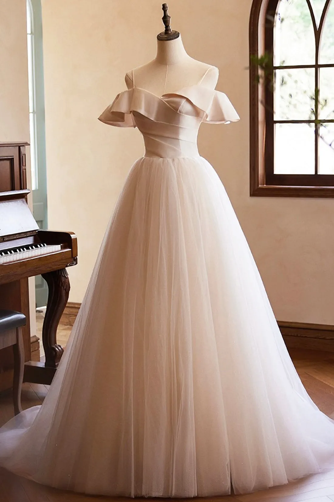Champagne Spaghetti Straps Long Prom Dress, A-Line Backless Evening Party Dress