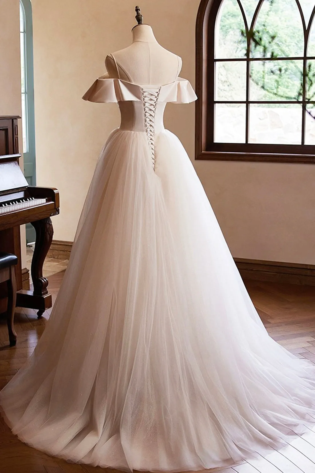 Champagne Spaghetti Straps Long Prom Dress, A-Line Backless Evening Party Dress