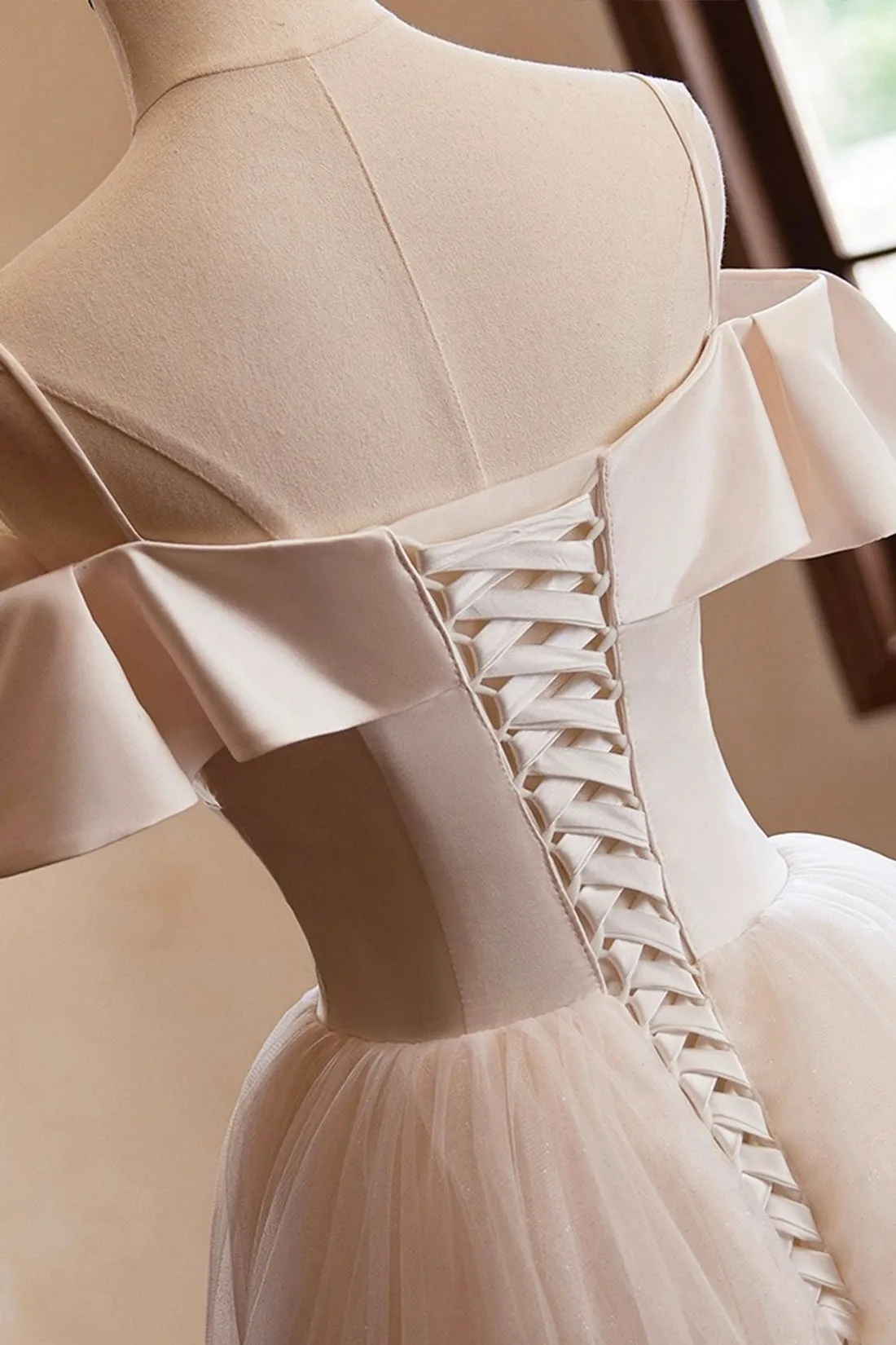 Champagne Spaghetti Straps Long Prom Dress, A-Line Backless Evening Party Dress