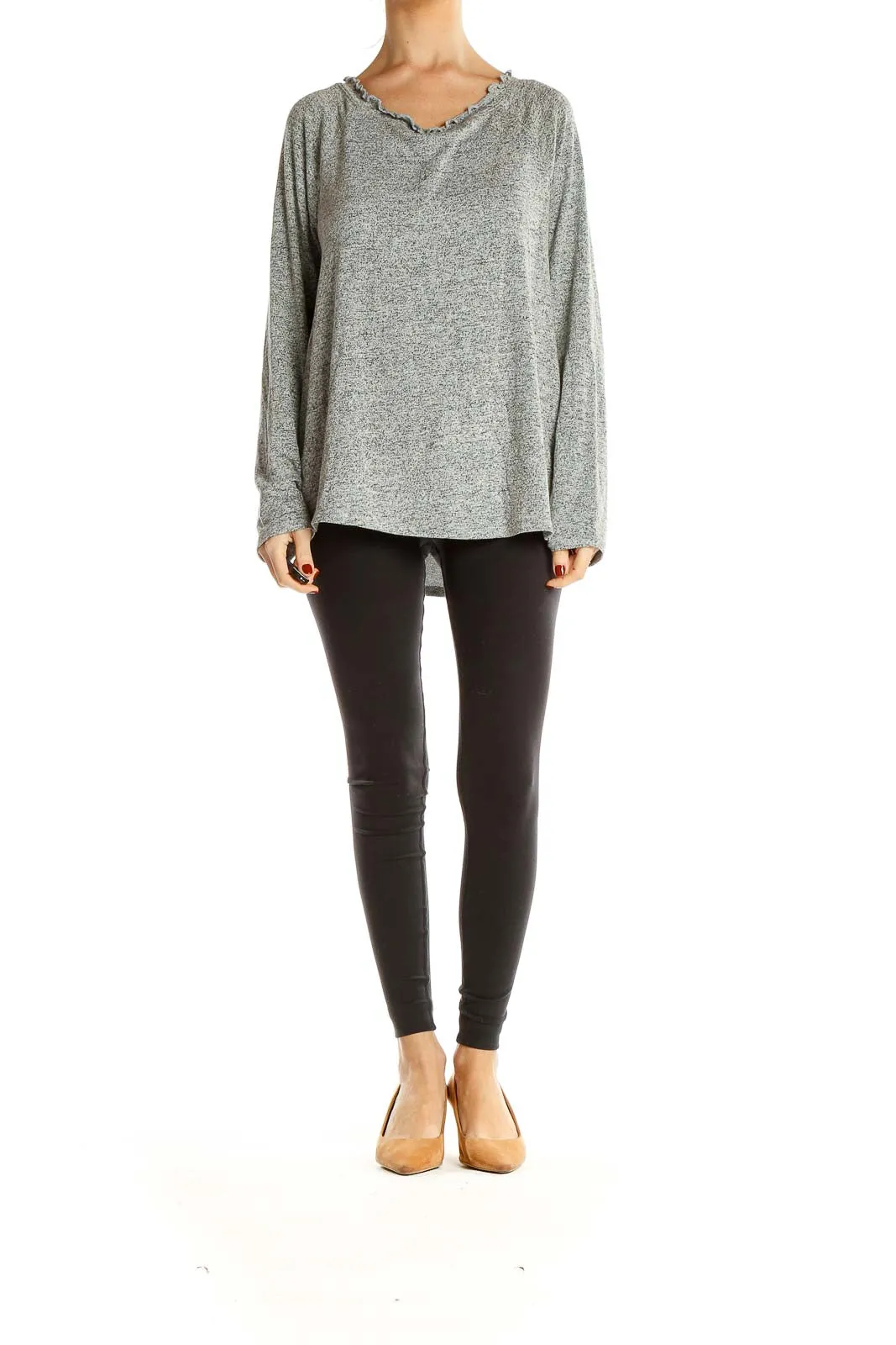 Gray Heathered Ruffle-Neck Knit Top