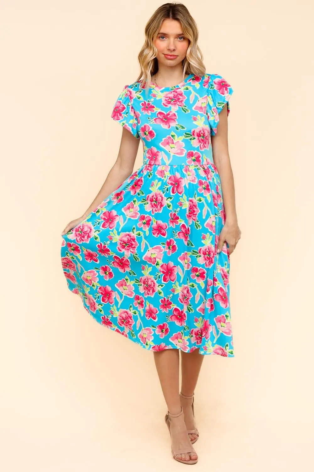 MIDI BABYDOLL DRESS W/ FOLDED RUFFLE SLEEVES