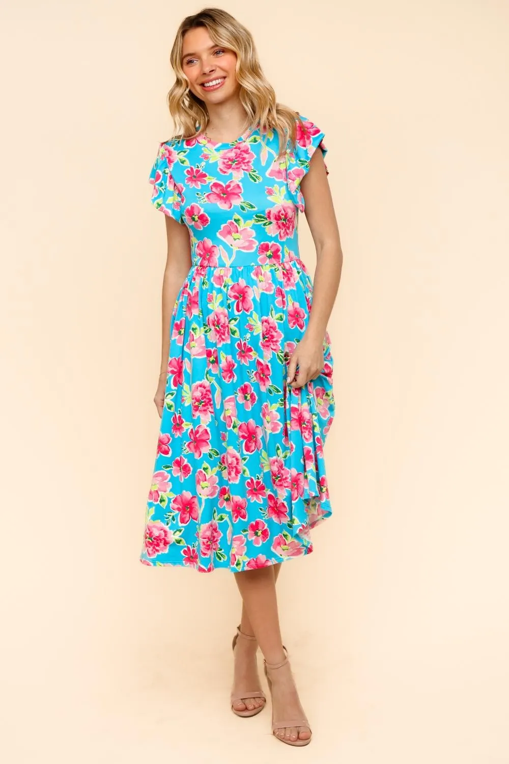 MIDI BABYDOLL DRESS W/ FOLDED RUFFLE SLEEVES