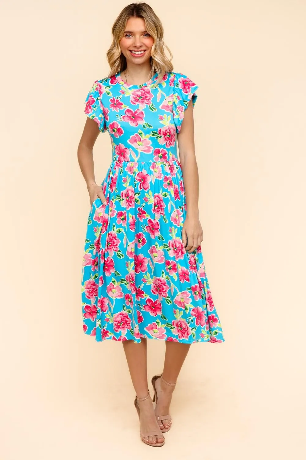 MIDI BABYDOLL DRESS W/ FOLDED RUFFLE SLEEVES