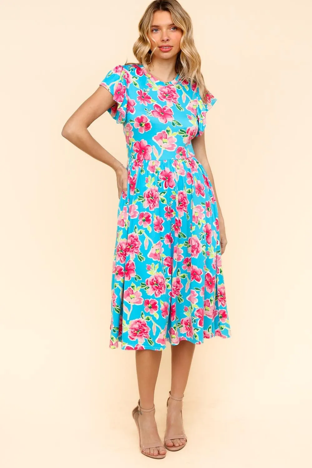 MIDI BABYDOLL DRESS W/ FOLDED RUFFLE SLEEVES