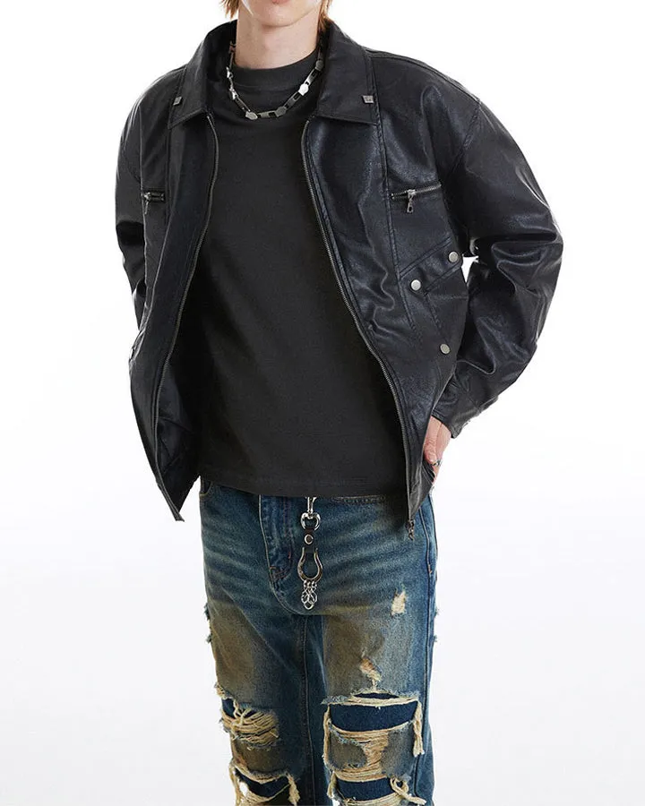Multi-Pocket Retro Black Leather Jacket