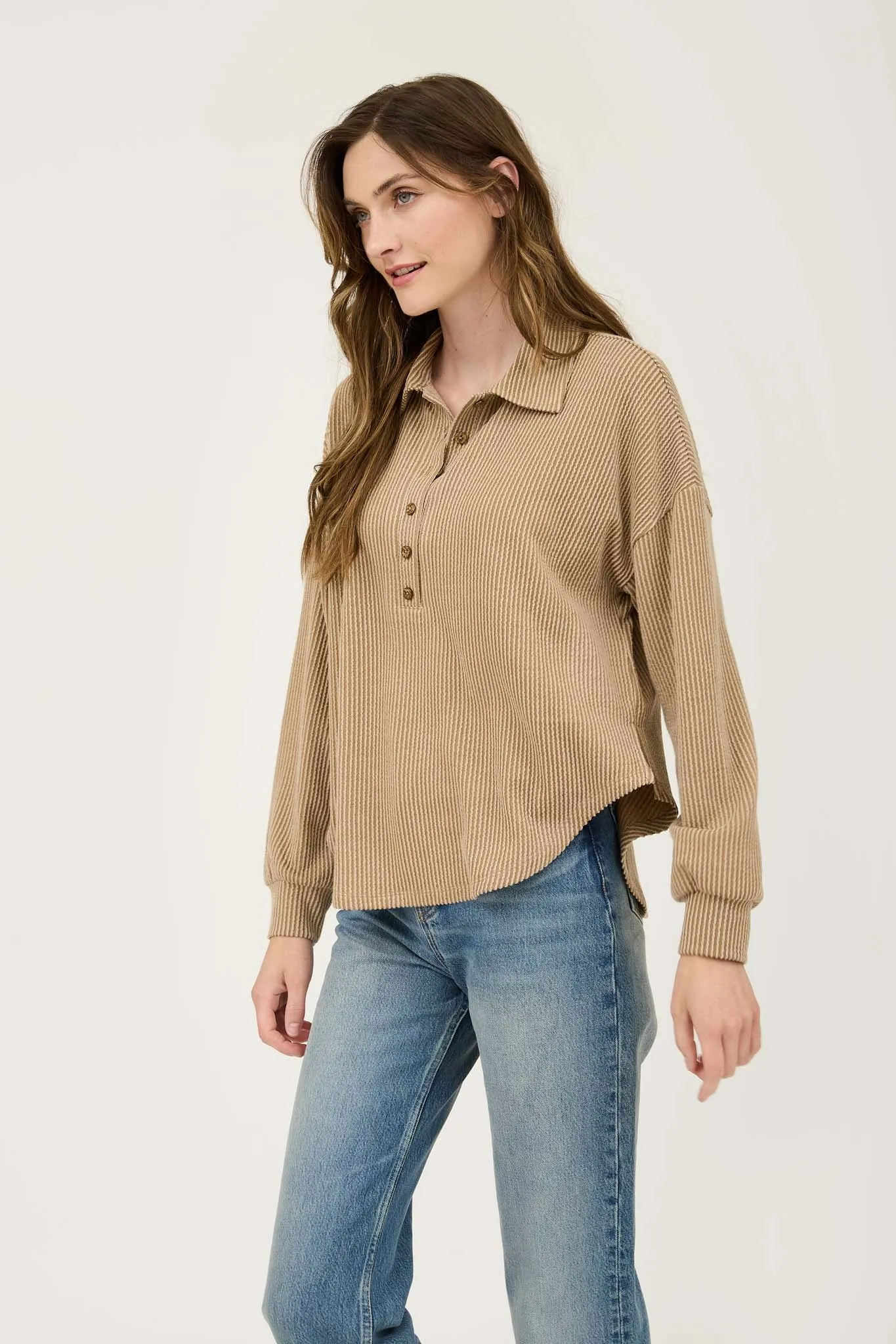 PINSTRIPE COLLARED HALF BUTTON KNIT TOP