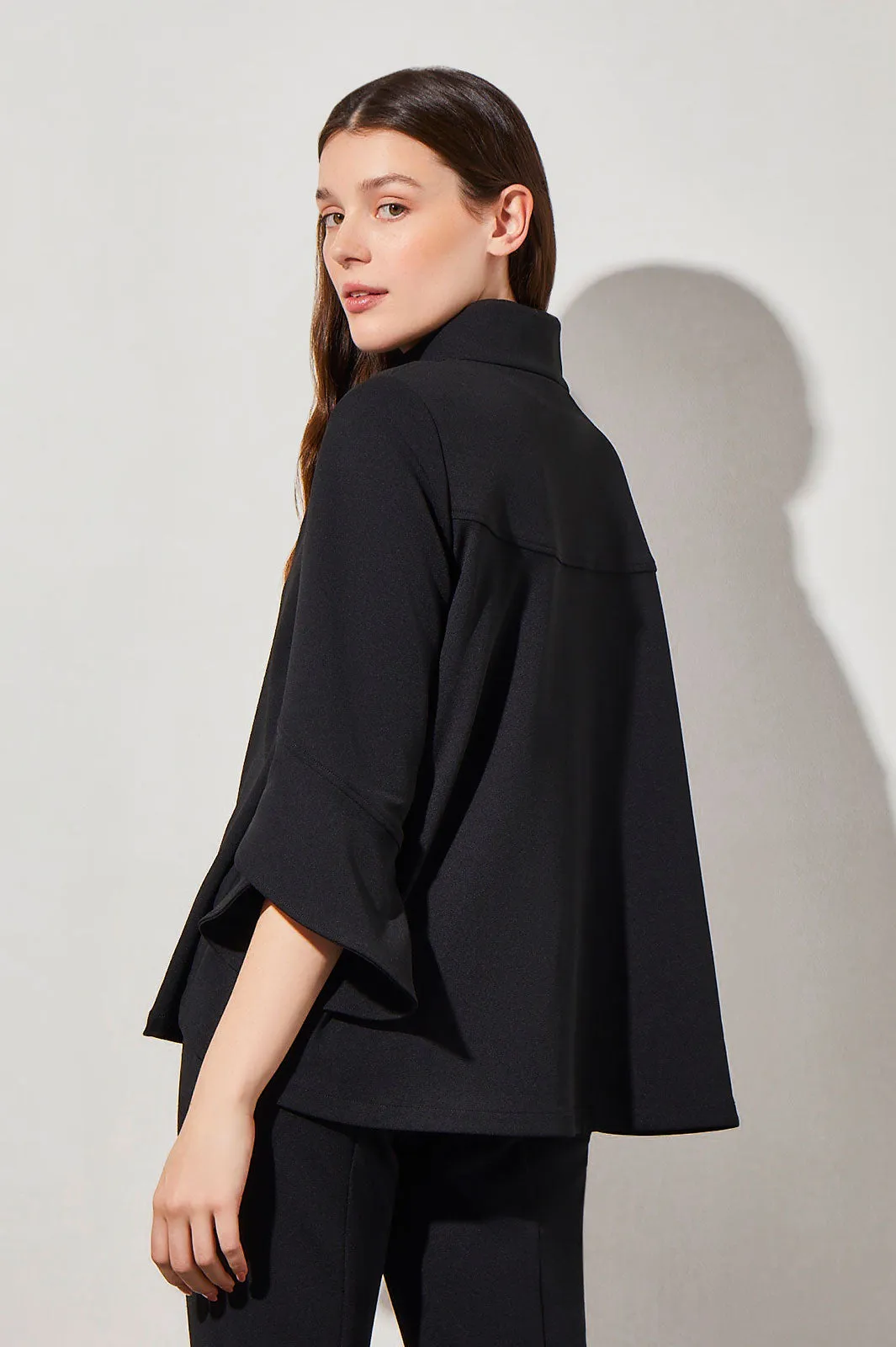 Plus Size Button-Front Bell Sleeve Deco Crepe Jacket, Black