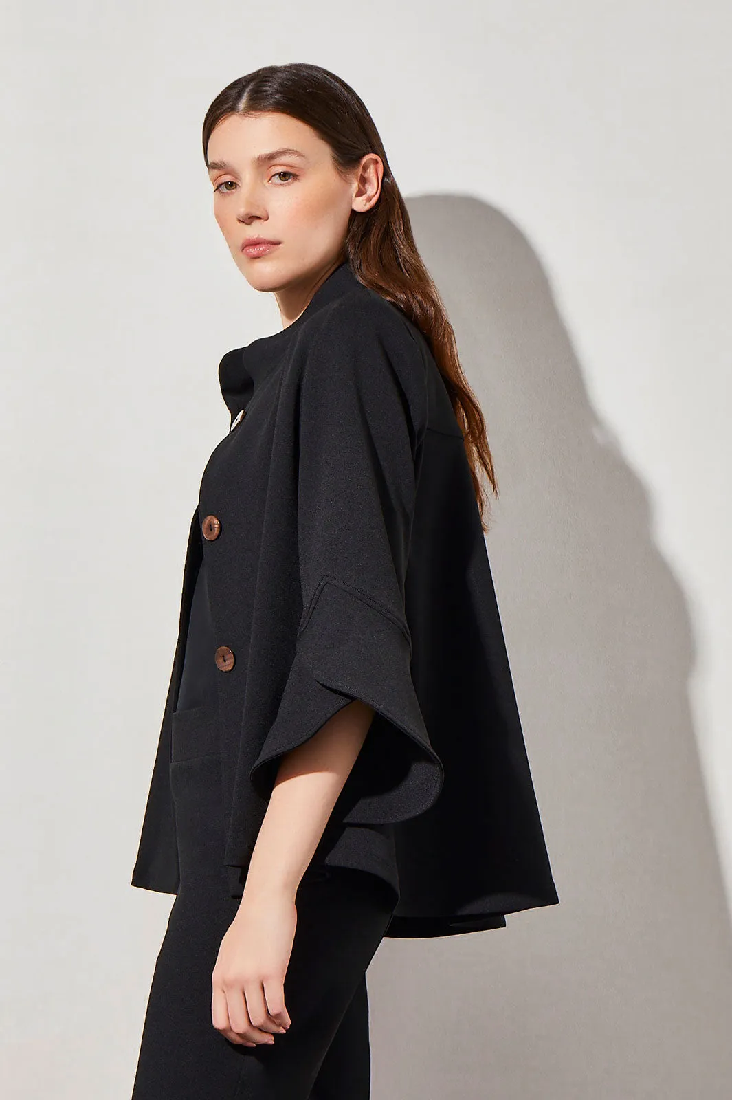 Plus Size Button-Front Bell Sleeve Deco Crepe Jacket, Black
