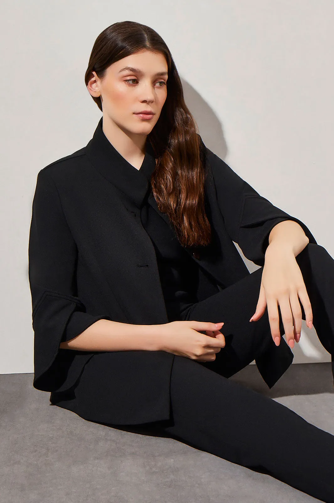 Plus Size Button-Front Bell Sleeve Deco Crepe Jacket, Black