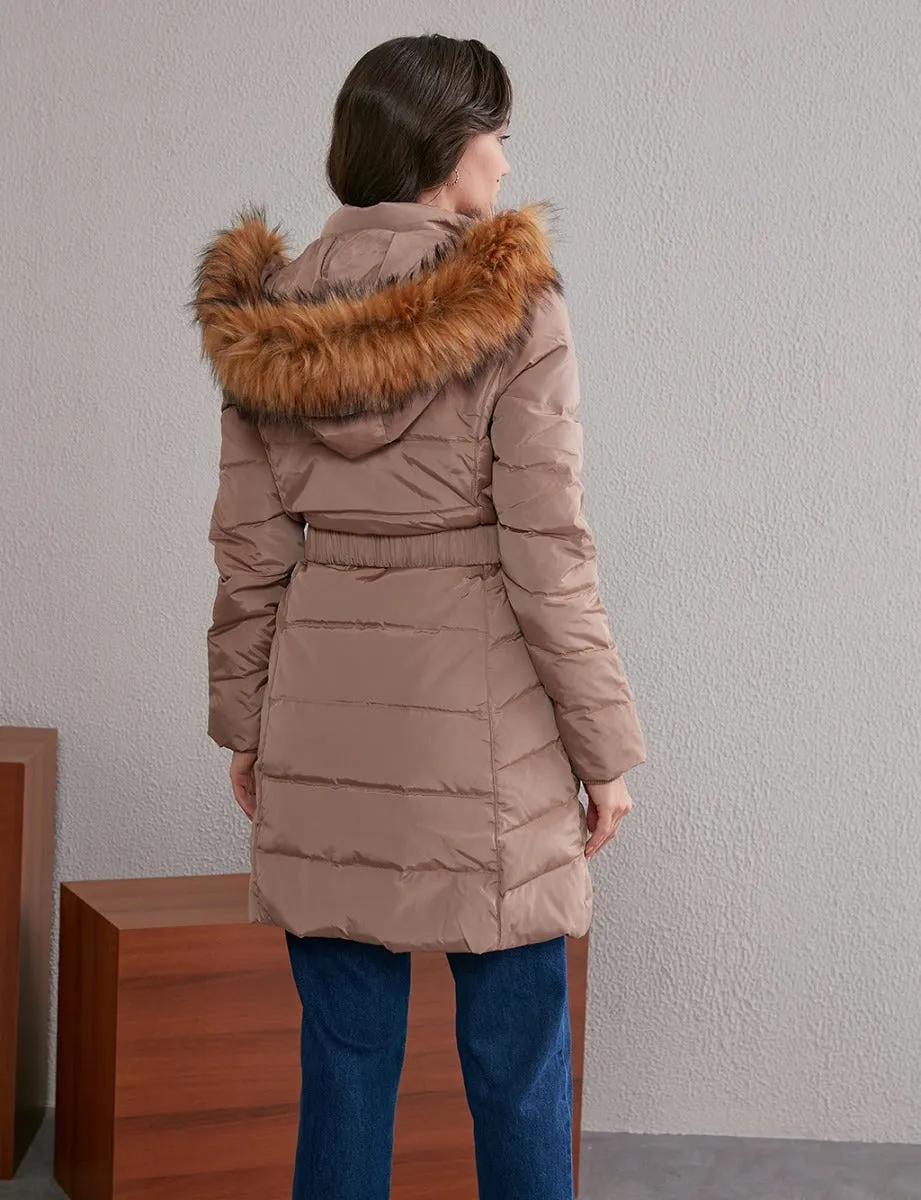 Quilted, Hooded Goose Down Coat A20 27006 Beige